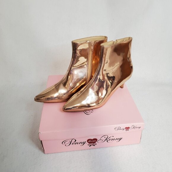 Penny Loves Kenny Size 9 Rose Gold Mirrored Metallic Shiny Boots Kitten Heels - Picture 6 of 11